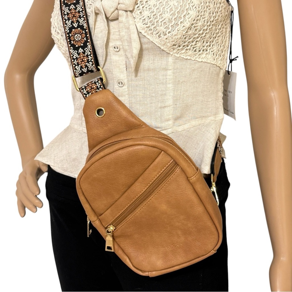 Telena Tan Sling Crossbody Handbag Adjustable Strap Vegan Leather Fanny Pack - Picture 7 of 10